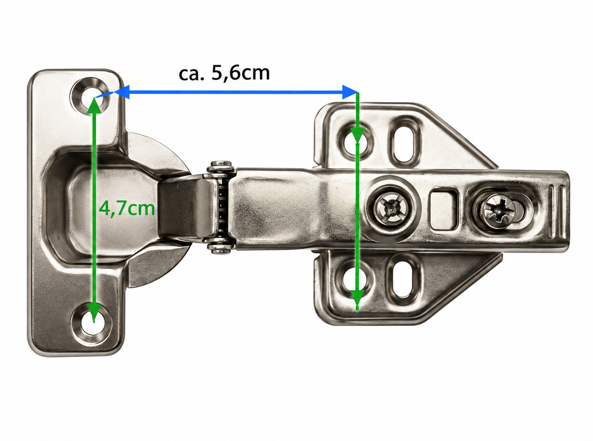 Bohrabstände am Scharnier: etwa 4,7 cm und 5,6 cm