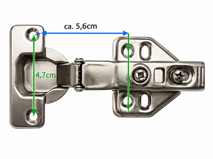 Bohrabstände am Scharnier: etwa 4,7 cm und 5,6 cm