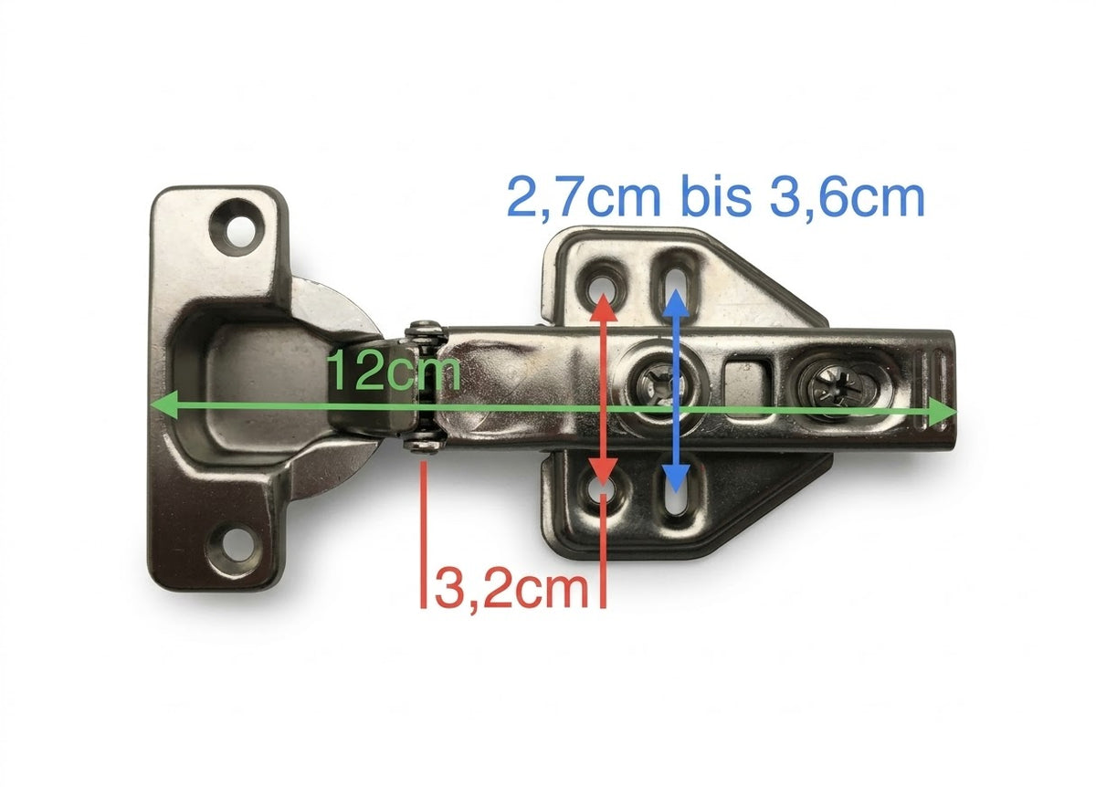 Maßbild des Küchenscharniers, Gesamtlänge etwa 12 cm
